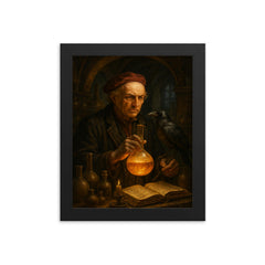 Paracelsus in alchemical laboratory with raven framed print on a plain backdrop in size 8"x10".