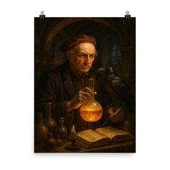 Paracelsus in alchemical laboratory with raven poster on a plain backdrop in size 8"x10".