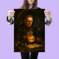Paracelsus in alchemical laboratory with raven poster 3