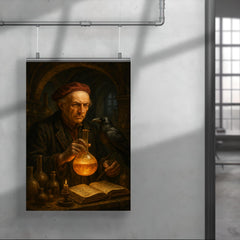Paracelsus in alchemical laboratory with raven poster 4