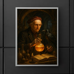 Paracelsus in alchemical laboratory with raven poster 5
