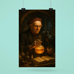 Paracelsus in alchemical laboratory with raven poster 6