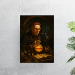 Paracelsus in alchemical laboratory with raven poster 7