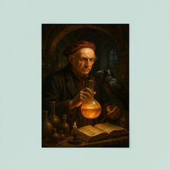 Paracelsus in alchemical laboratory with raven poster 8