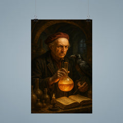 Paracelsus in alchemical laboratory with raven poster 9