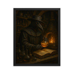 Paracelsus in plague doctor alchemy lab framed print on a plain backdrop in size 16"x20".