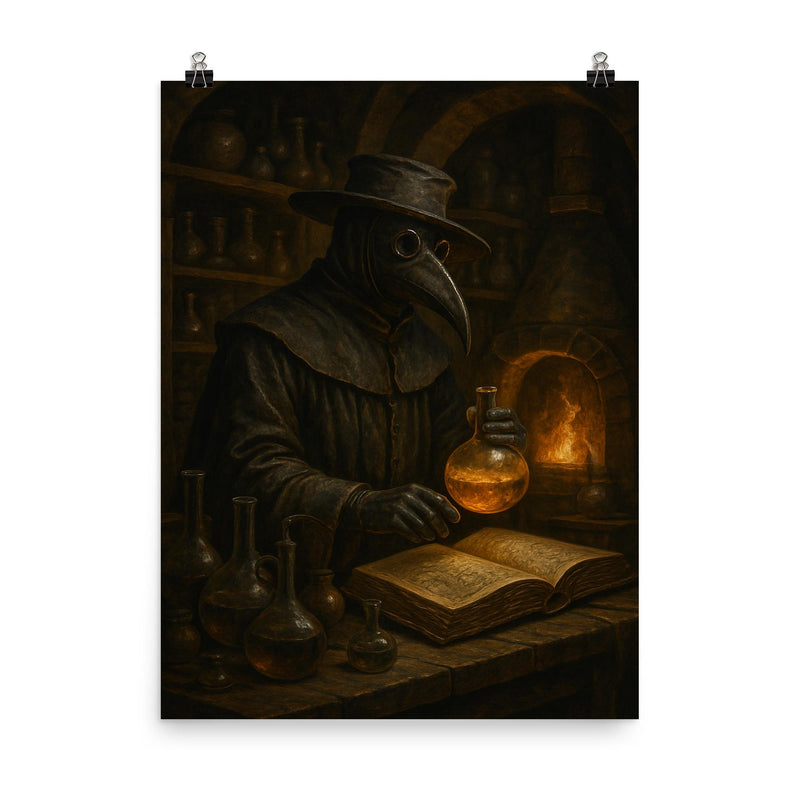 Paracelsus in plague doctor alchemy lab poster on a plain backdrop in size 8