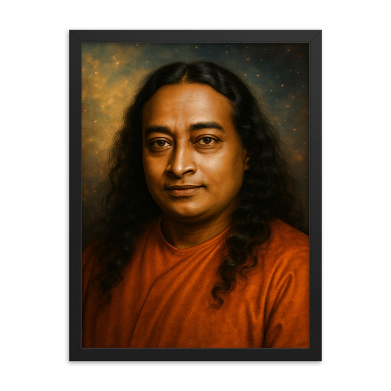 Paramahansa Yogananda portrait framed print on a plain backdrop in size 18