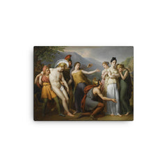 Paris and Hector in a Classical Scene canvas print on a plain backdrop in size 12"x16".