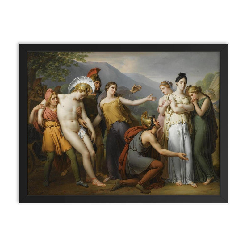 Paris and Hector in a Classical Scene framed print on a plain backdrop in size 18