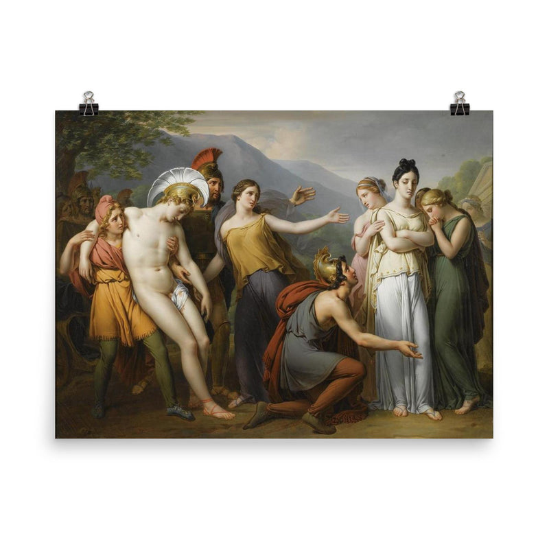 Paris and Hector in a Classical Scene poster on a plain backdrop in size 8