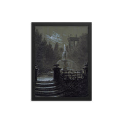 Park with a Fountain in the Moonlight by Carl Gustav Carus, 1851 framed print on a plain backdrop in size 12"x16".