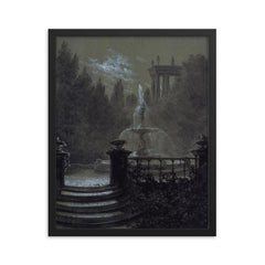 Park with a Fountain in the Moonlight by Carl Gustav Carus, 1851 framed print on a plain backdrop in size 16"x20".