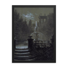 Park with a Fountain in the Moonlight by Carl Gustav Carus, 1851 framed print on a plain backdrop in size 18"x24".