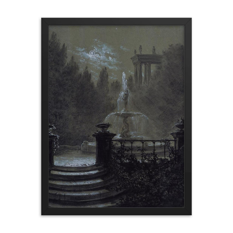 Park with a Fountain in the Moonlight by Carl Gustav Carus, 1851 framed print on a plain backdrop in size 18