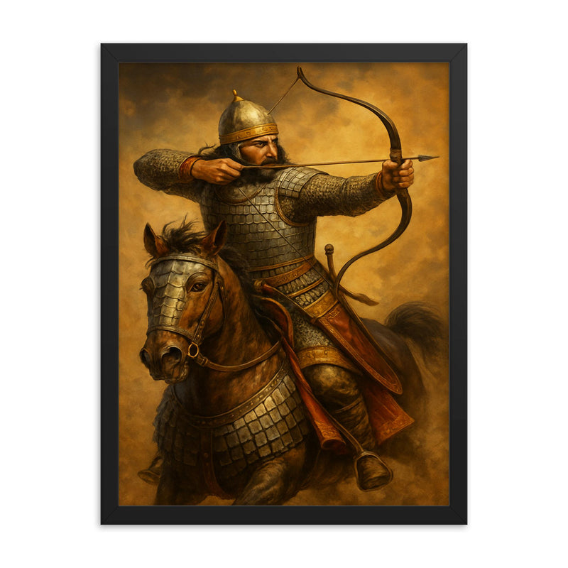 Parthian cataphract turning for the fatal shot framed print on a plain backdrop in size 18