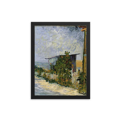 Path in Montmartre with Sunflowers by Vincent van Gogh, 1887 framed print on a plain backdrop in size 12"x16".