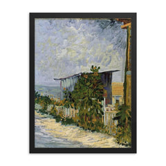 Path in Montmartre with Sunflowers by Vincent van Gogh, 1887 framed print on a plain backdrop in size 18"x24".