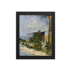 Path in Montmartre with Sunflowers by Vincent van Gogh, 1887 framed print on a plain backdrop in size 8"x10".