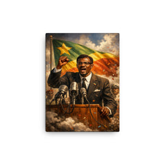 Patrice Lumumba defiant at independence podium canvas print on a plain backdrop in size 12"x16".