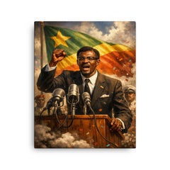 Patrice Lumumba defiant at independence podium canvas print on a plain backdrop in size 16"x20".