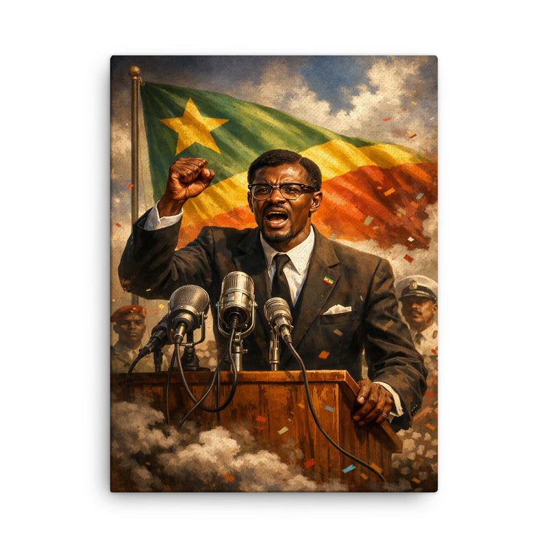 Patrice Lumumba defiant at independence podium canvas print on a plain backdrop in size 18