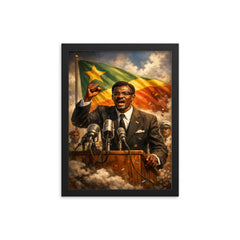 Patrice Lumumba defiant at independence podium framed print on a plain backdrop in size 12"x16".