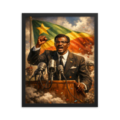 Patrice Lumumba defiant at independence podium framed print on a plain backdrop in size 16"x20".
