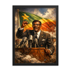 Patrice Lumumba defiant at independence podium framed print on a plain backdrop in size 18"x24".