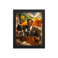 Patrice Lumumba defiant at independence podium framed print on a plain backdrop in size 8"x10".