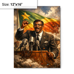 Patrice Lumumba defiant at independence podium metal print on a plain backdrop in size 12"x16".
