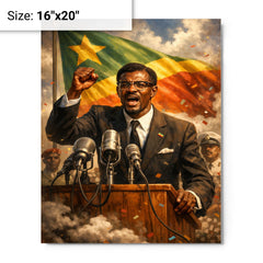 Patrice Lumumba defiant at independence podium metal print on a plain backdrop in size 16"x20".
