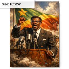 Patrice Lumumba defiant at independence podium metal print on a plain backdrop in size 18"x24".