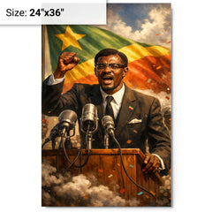 Patrice Lumumba defiant at independence podium metal print on a plain backdrop in size 24"x36".