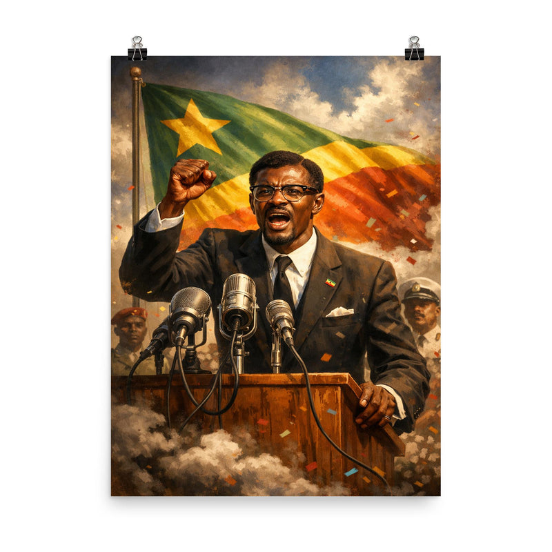 Patrice Lumumba defiant at independence podium poster on a plain backdrop in size 8