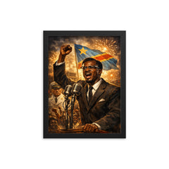 Patrice Lumumba defiant at independence speech framed print on a plain backdrop in size 12"x16".