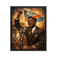 Patrice Lumumba defiant at independence speech framed print on a plain backdrop in size 16"x20".