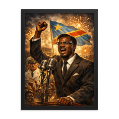 Patrice Lumumba defiant at independence speech framed print on a plain backdrop in size 18"x24".