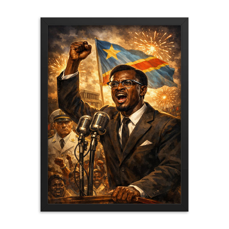 Patrice Lumumba defiant at independence speech framed print on a plain backdrop in size 18
