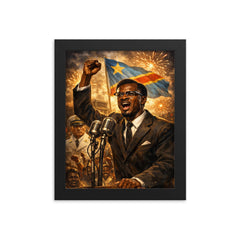 Patrice Lumumba defiant at independence speech framed print on a plain backdrop in size 8"x10".