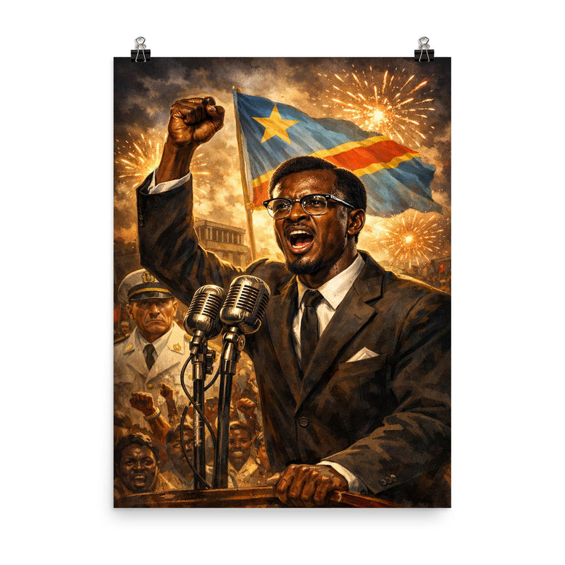 Patrice Lumumba defiant at independence speech poster on a plain backdrop in size 8