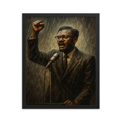 Patrice Lumumba final speech in rain framed print on a plain backdrop in size 16"x20".