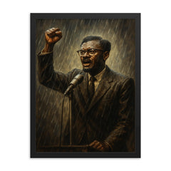 Patrice Lumumba final speech in rain framed print on a plain backdrop in size 18"x24".