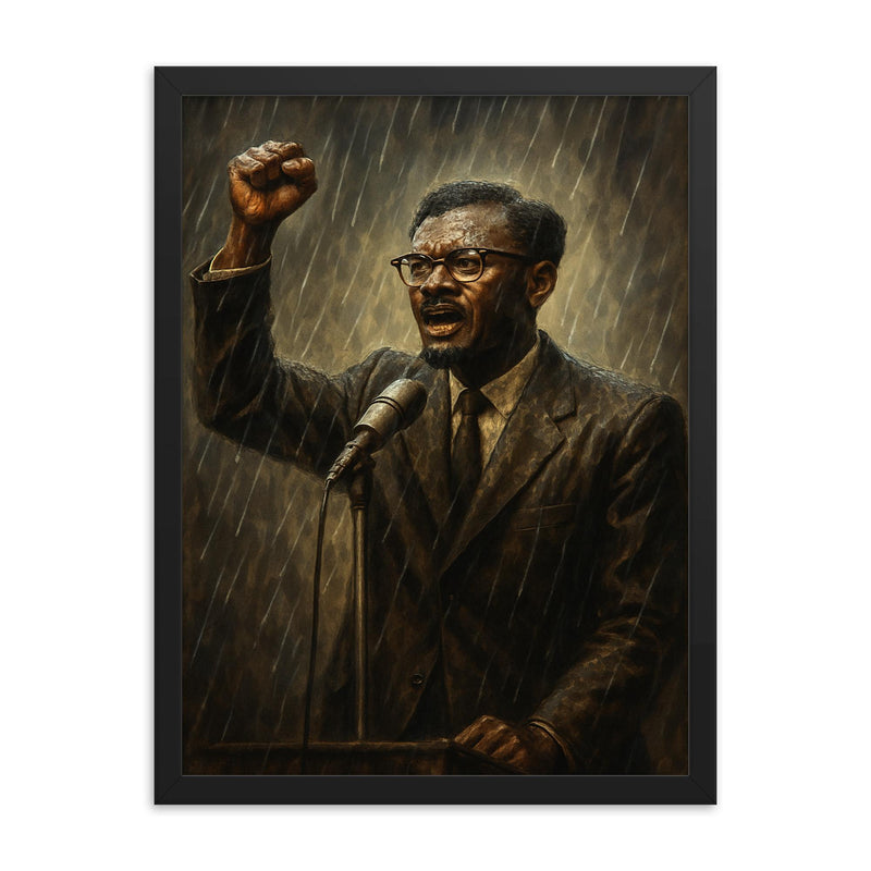 Patrice Lumumba final speech in rain framed print on a plain backdrop in size 18