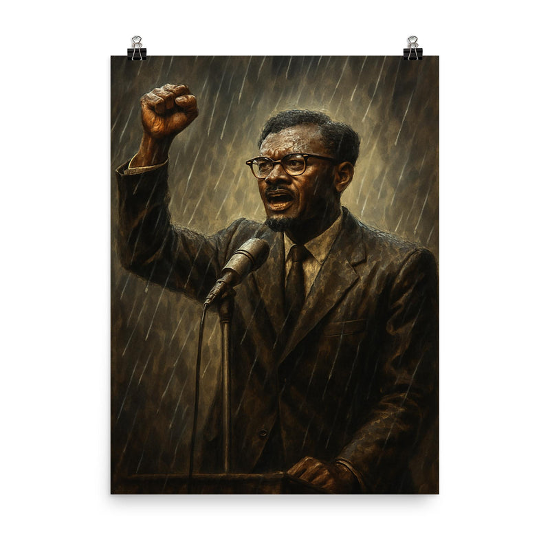 Patrice Lumumba final speech in rain poster on a plain backdrop in size 8