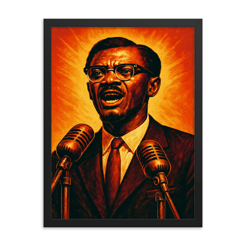 Patrice Lumumba independence speech portrait framed print on a plain backdrop in size 18