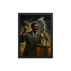Patrice Lumumba independence speech under gathering storm framed print on a plain backdrop in size 12"x16".