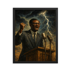 Patrice Lumumba independence speech under gathering storm framed print on a plain backdrop in size 16"x20".