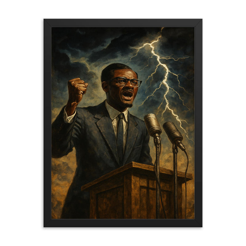 Patrice Lumumba independence speech under gathering storm framed print on a plain backdrop in size 18