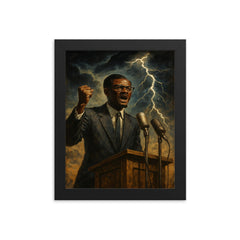 Patrice Lumumba independence speech under gathering storm framed print on a plain backdrop in size 8"x10".